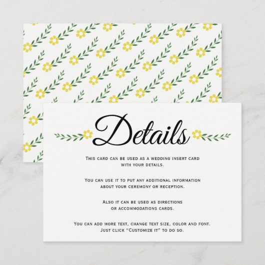 Typografie yellow floral bruildetails insert informatiekaartje (Voorkant / Achterkant)
