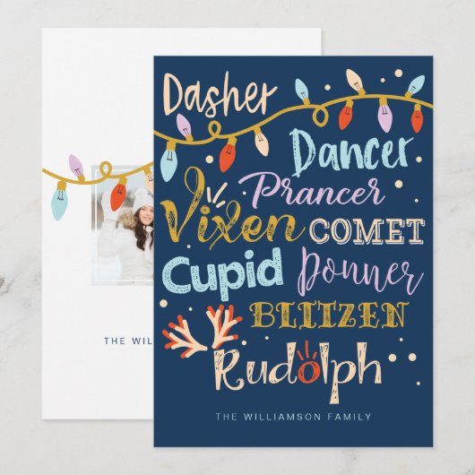 Typografisch kerstfeest met feestrennen en lampjes feestdagenkaart (Voorkant / Achterkant)