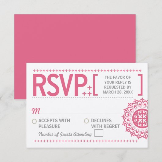 Typografisch ornamental Pink Wedding Reply RSVP Kaartje (Voorkant / Achterkant)