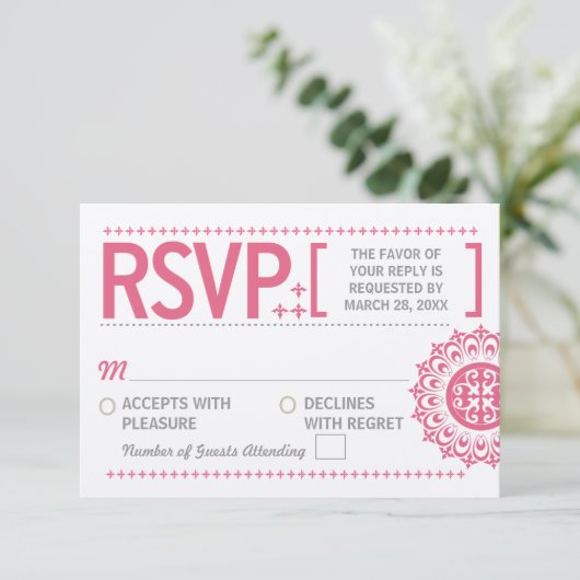 Typografisch ornamental Pink Wedding Reply RSVP Kaartje (Staand voorkant)