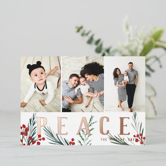 Typografische botanica 3 Fotocollage Vrede Folie Feestdagenkaart (Staand Voorkant)