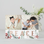 Typografische Botanicals 2 Foto Collage Vrede Folie Feestdagenkaart (Staand Voorkant)