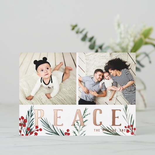 Typografische Botanicals 2 Foto Collage Vrede Folie Feestdagenkaart (Staand Voorkant)