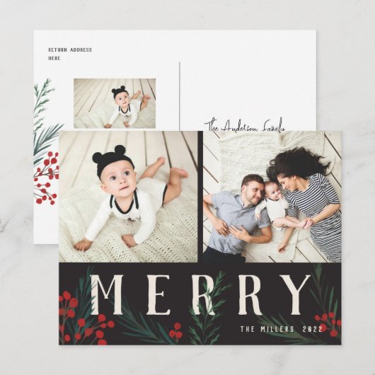 Typografische Botanicals 2 Fotozeuren Feestdagenkaart (Voorkant / Achterkant)