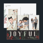 Typografische Botanicals 3 Foto Joyful Feestdagenkaart<br><div class="desc">Briefkaart. Deze nieuwe vakantiekaart kan op alle mogelijke manieren worden aangepast. Het collectie is voorzien van onze oorspronkelijke handbeschilderde winterbessen en foliekunstwerken. Vette moderne groeten die tussen het kunstwerk onderling verweven zijn maken een grillige typografische verklaring die uitkomt. Dit collectie omvat veelvoudige foto en collage opties om uw fotovoorkeur te...</div>