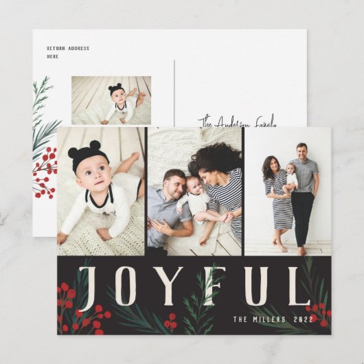 Typografische Botanicals 3 Foto Joyful Feestdagenkaart (Voorkant / Achterkant)