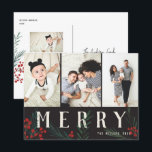 Typografische Botanicals 3 Photo Merry Feestdagenkaart<br><div class="desc">Briefkaart. Deze nieuwe vakantiekaart kan op alle mogelijke manieren worden aangepast. Het collectie is voorzien van onze oorspronkelijke handbeschilderde winterbessen en foliekunstwerken. Vette moderne groeten die tussen het kunstwerk onderling verweven zijn maken een grillige typografische verklaring die uitkomt. Dit collectie omvat veelvoudige foto en collage opties om uw fotovoorkeur te...</div>