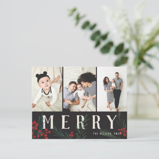 Typografische Botanicals 3 Photo Merry Feestdagenkaart (Staand voorkant)