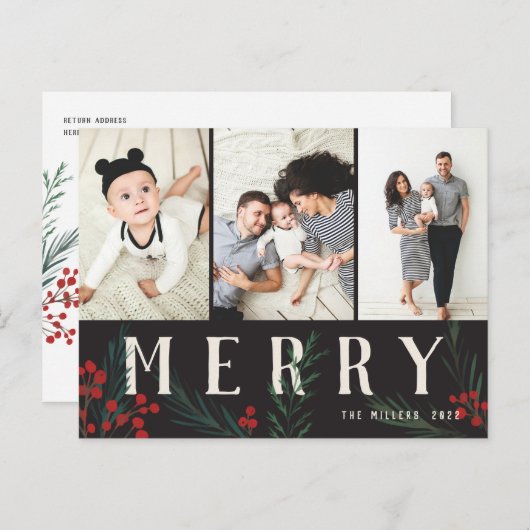 Typografische Botanicals 3 Photo Merry Feestdagenkaart (Voorkant / Achterkant)