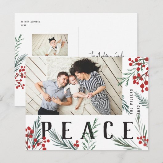 Typografische botanische foto Vrede Feestdagenkaart (Voorkant / Achterkant)