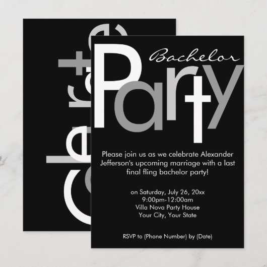 Typografische grijze zwarte vrijgezellenfeest uitn kaart (Voorkant / Achterkant)