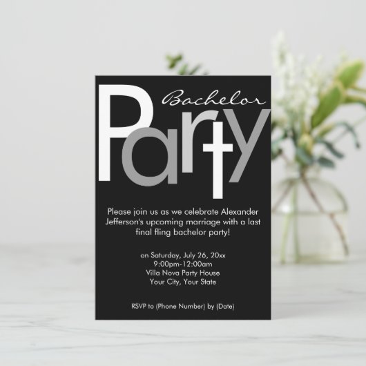Typografische grijze zwarte vrijgezellenfeest uitn kaart (Staand voorkant)