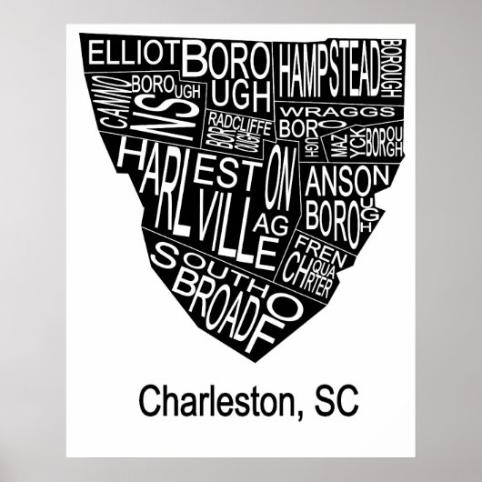 Typografische kaart van Charleston Negatief Poster (Voorkant)