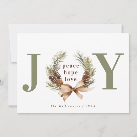 Typografische Kerstkrans Foto met 'Joy' Feestdagenkaart (Voorkant)