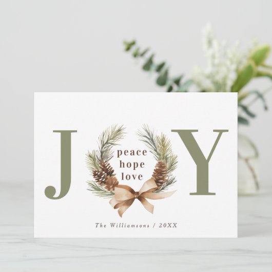 Typografische Kerstkrans Foto met 'Joy' Feestdagenkaart (Staand voorkant)