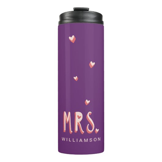 Typografische Mrs Paars & Roze Trendy Girly Hearts Thermosbeker (Voorkant)