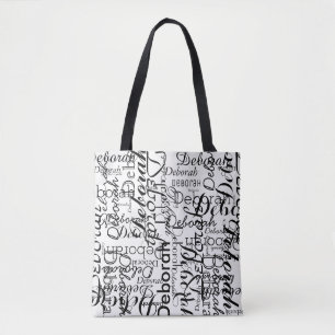 typografische patroon van zwarte namen op wit tote bag