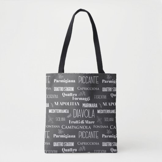 Typografische Zwarte en Witte Pizza Namen Tote Bag (Voorkant)