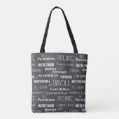 Typografische Zwarte en Witte Pizza Namen Tote Bag (Achterkant)