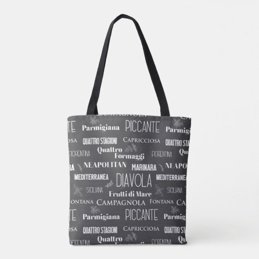 Typografische Zwarte en Witte Pizza Namen Tote Bag (Achterkant)
