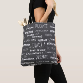 Typografische Zwarte en Witte Pizza Namen Tote Bag