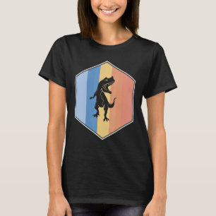 Tyrannosaurus met retro kleuren in een zeshoek t-shirt