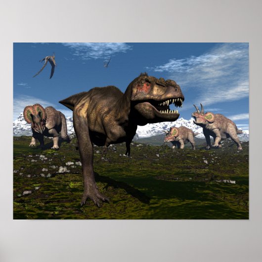 Tyrannosaurus rex aangevallen door triceratops din poster (Voorkant)