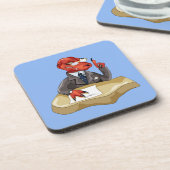 Tyrannosaurus rex baas zit aan een bureau. 2 bier onderzetter (Linkerzijde)