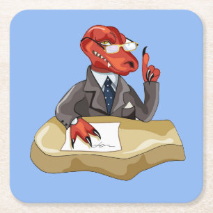 Tyrannosaurus rex baas zit aan een bureau. 2 kartonnen onderzetters