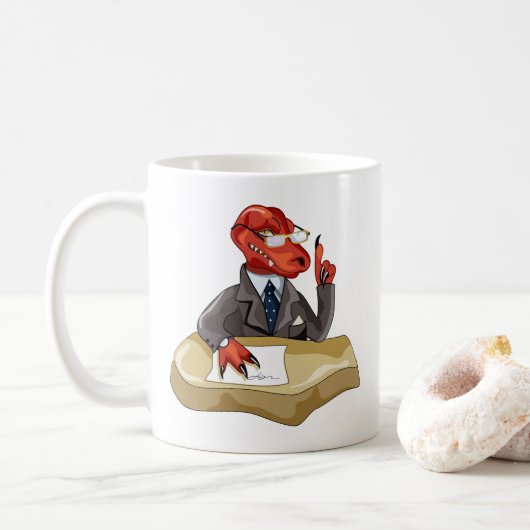 Tyrannosaurus rex baas zit aan een bureau. 2 koffiemok (Met donut)
