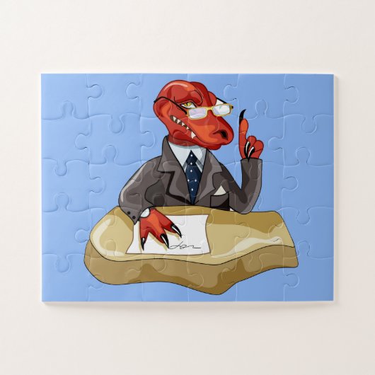Tyrannosaurus rex baas zit aan een bureau. 2 legpuzzel (Horizontaal)