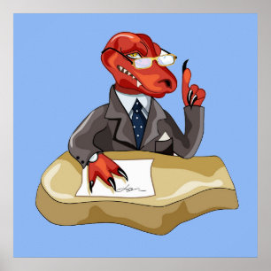 Tyrannosaurus rex baas zit aan een bureau. 2 poster