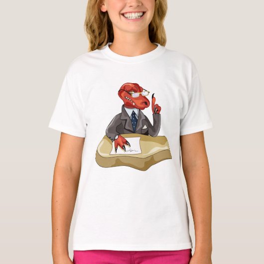 Tyrannosaurus rex baas zit aan een bureau. 2 t-shirt (Voorkant)