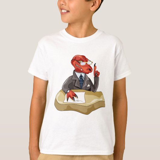 Tyrannosaurus rex baas zit aan een bureau. 2 t-shirt (Voorkant)