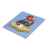 Tyrannosaurus rex baas zit aan een bureau. 2 tegeltje (Zijkant)