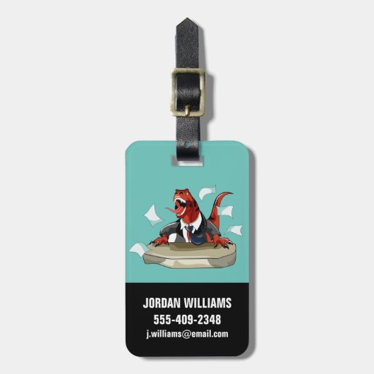 Tyrannosaurus rex baas zit aan een bureau. bagagelabel (Voorkant verticaal)