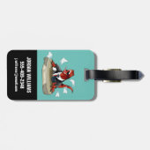 Tyrannosaurus rex baas zit aan een bureau. bagagelabel (Achterkant horizontaal)