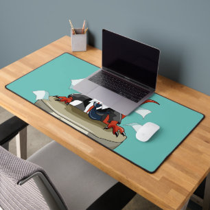 Tyrannosaurus rex baas zit aan een bureau. bureaumat