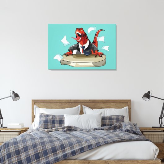 Tyrannosaurus rex baas zit aan een bureau. canvas afdruk (Insitu (Slaapkamer))