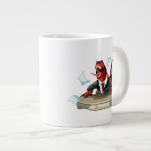 Tyrannosaurus rex baas zit aan een bureau. grote koffiekop (Voorkant rechts)