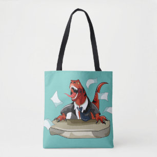 Tyrannosaurus rex baas zit aan een bureau. tote bag