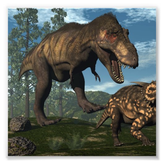 Tyrannosaurus rex die einiosaurus dinosaur aanvalt foto afdruk (Voorkant)