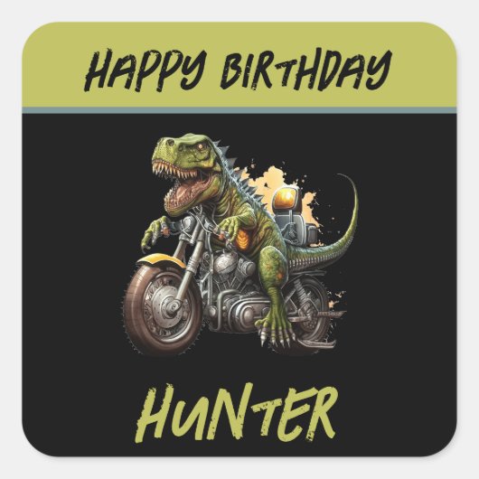 Tyrannosaurus Rex Dinosaur Motorcycle Birthday Vierkante Sticker (Voorkant)