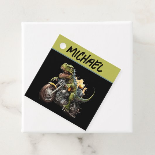 Tyrannosaurus Rex Dinosaur Riding Motorcycle Bedankjes Labels (In situ)