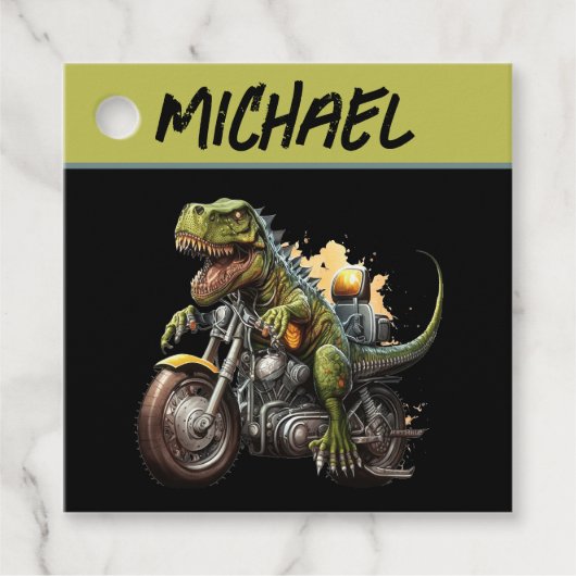 Tyrannosaurus Rex Dinosaur Riding Motorcycle Bedankjes Labels (Voorkant)