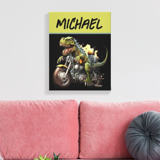Tyrannosaurus Rex Dinosaur Riding Motorcycle Canvas Afdruk (Insitu (Woonkamer))