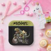 Tyrannosaurus Rex Dinosaur Riding Motorcycle Papieren Bordje (Feest)