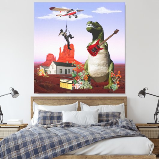 Tyrannosaurus Rex Dinosaur Rock & Roll Wall Art Canvas Afdruk (Insitu (Slaapkamer))