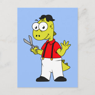 Tyrannosaurus rex kapper met schaar. briefkaart