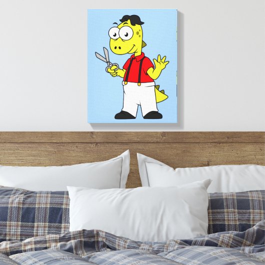 Tyrannosaurus rex kapper met schaar. canvas afdruk (Insitu (Slaapkamer))